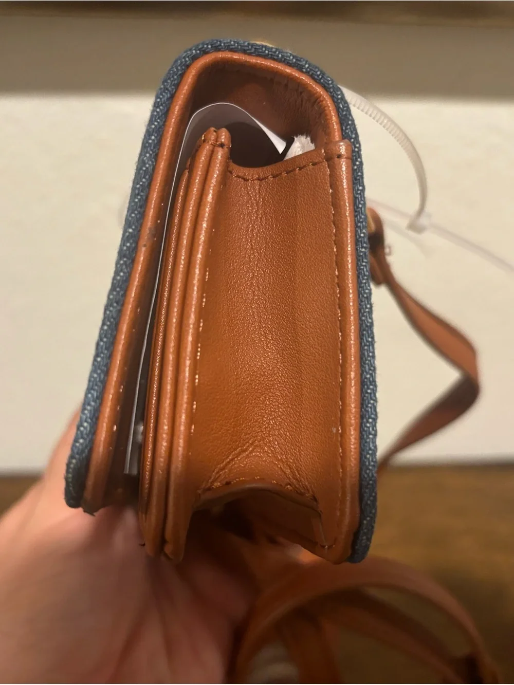 Betsey Johnson Mini Denim Crossbody with Brown Strap and Gold Tone Heart